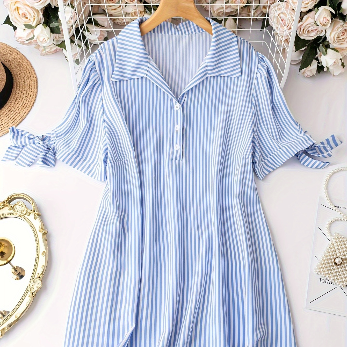 

Plus Size Stripe Print Shirt Dress, Casual Knot Short Sleeve Button Front Collared Dress For Spring & Summer, Women's Plus Size Clothing