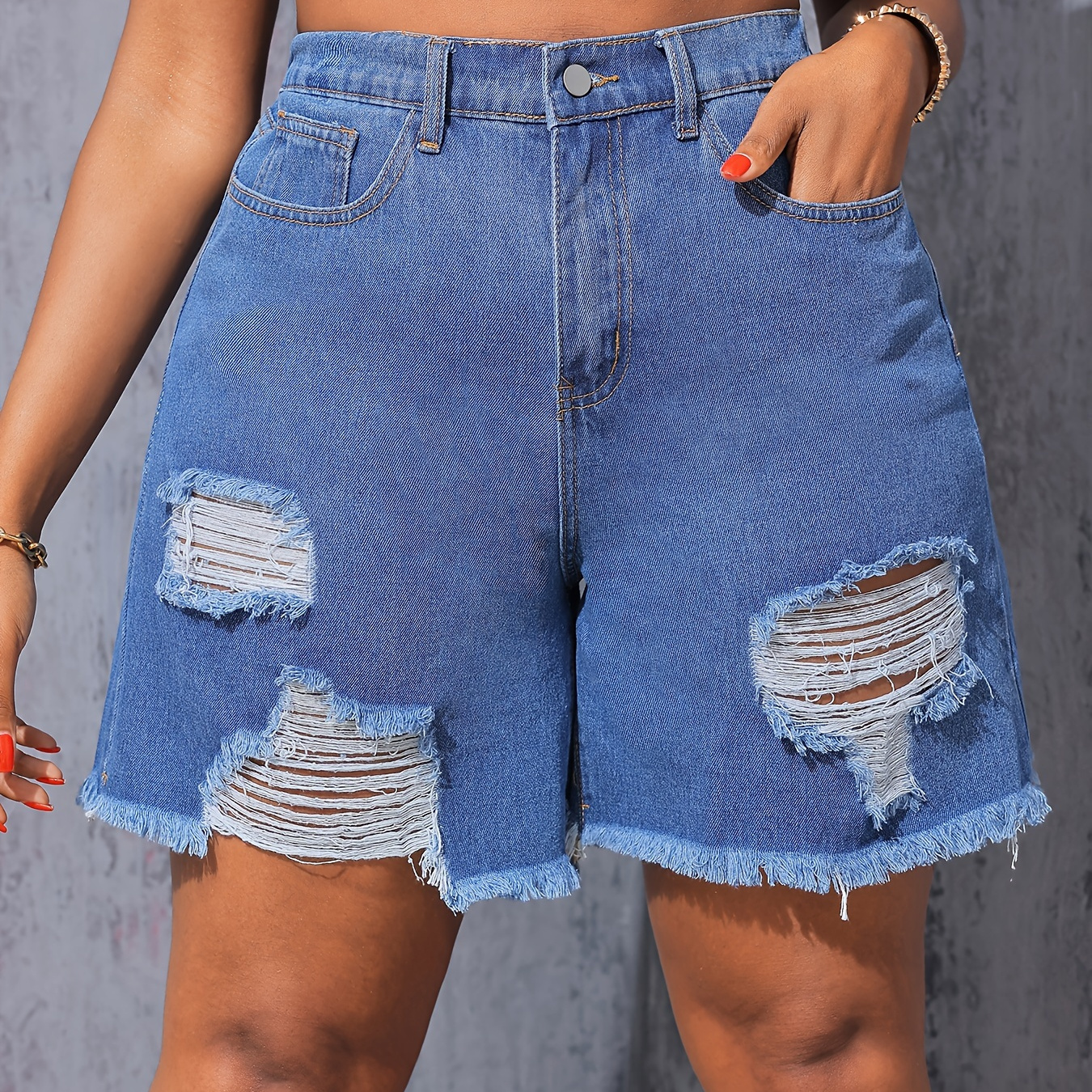 

Short en jean déchiré à taille élastique grande taille, short en jean bleu délavé déchiré, jeans et vêtements en jean pour femmes