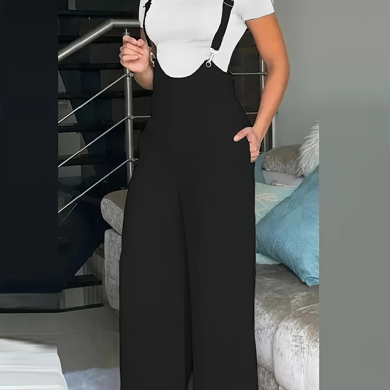 

Plus Size Simple Solid Color Overall Jumpsuit, Casual Pocket Overall Jumpsuit For Spring & Summer, Women's Plus Size Clothing