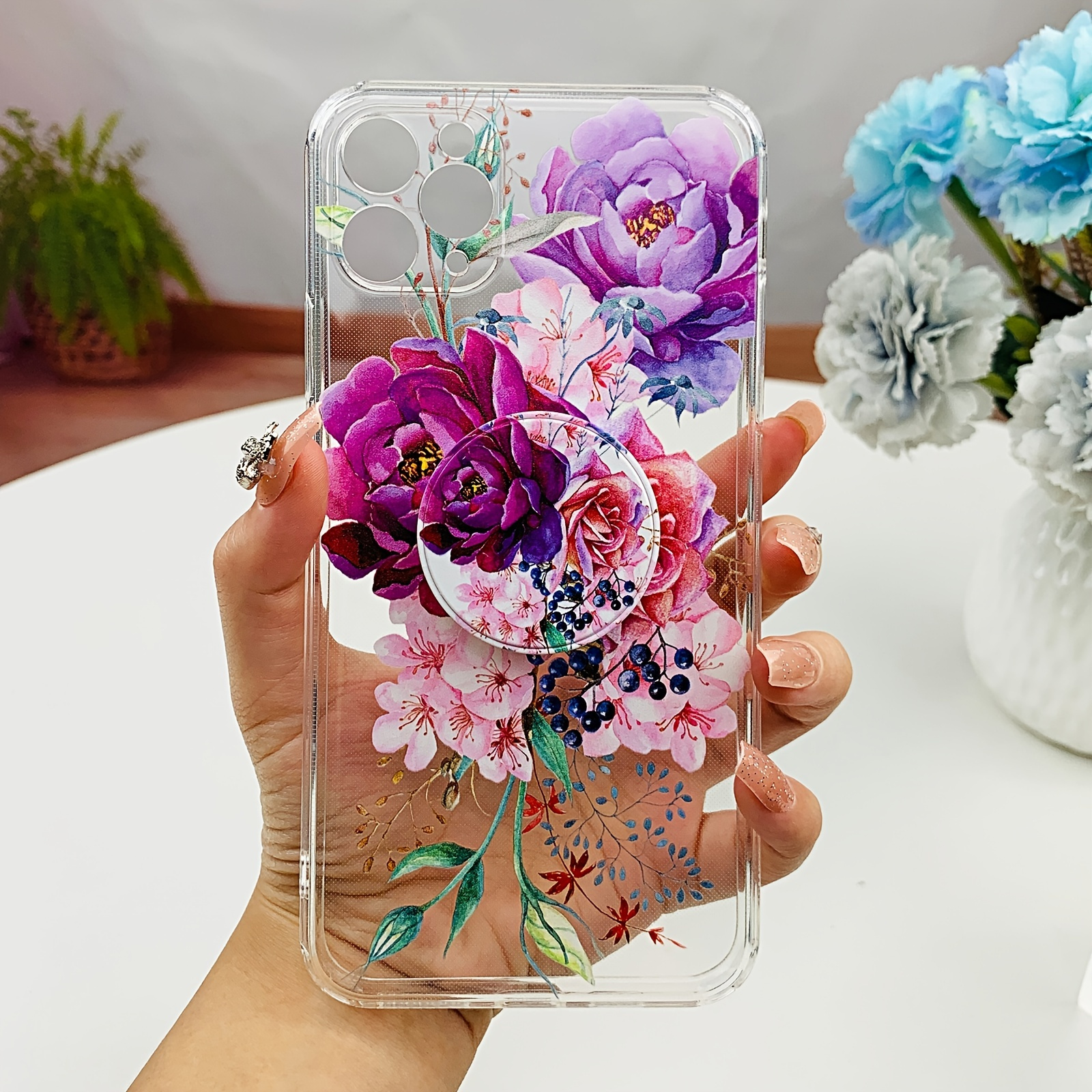 

Vibrant Flower Pattern Print Transparent Tpu Phone Protective Case (with Folding Stand) Anti-fall Phone Case For Iphone Sereies Phones Gift For Birthday/easter/president's Day/boy/girlfriends