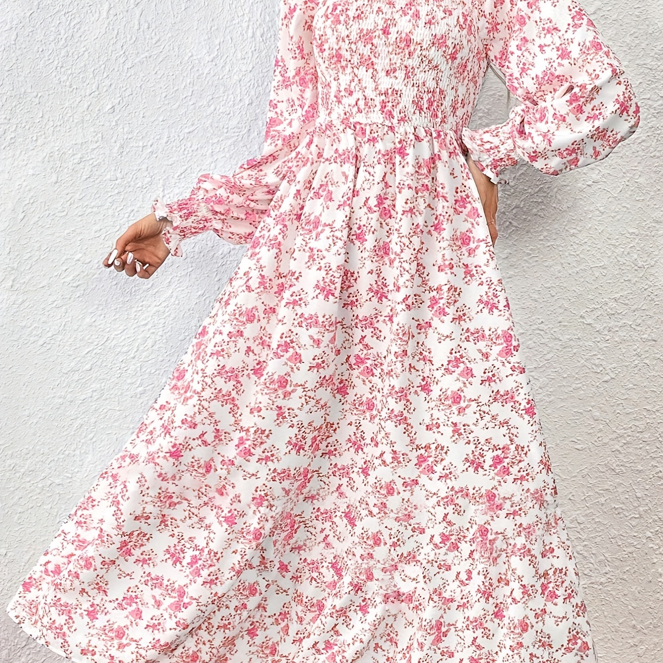 

Elegant Floral Print Midi Dress For Women - Long Sleeve, Square Neck With Shirred Waist, Spring & Fall