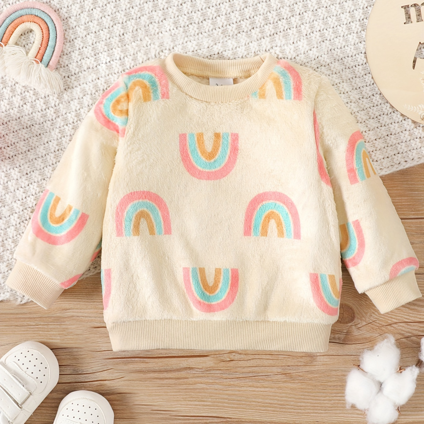 

Patpat Baby Boy/girl Allover Rainbow Print Long-sleeved Fuzzy Sweatshirt