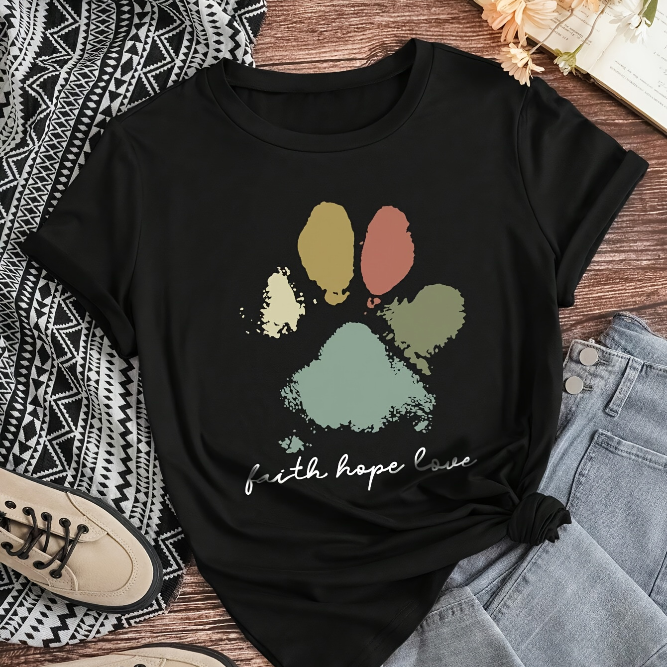 

1pc Faith Hope Paw Print T-shirt, Women's Casual Crew Neck Short Sleeve Top, Polyester Knit Fabric, Patchwork Design, Regular Length - Spring/fall Fashion