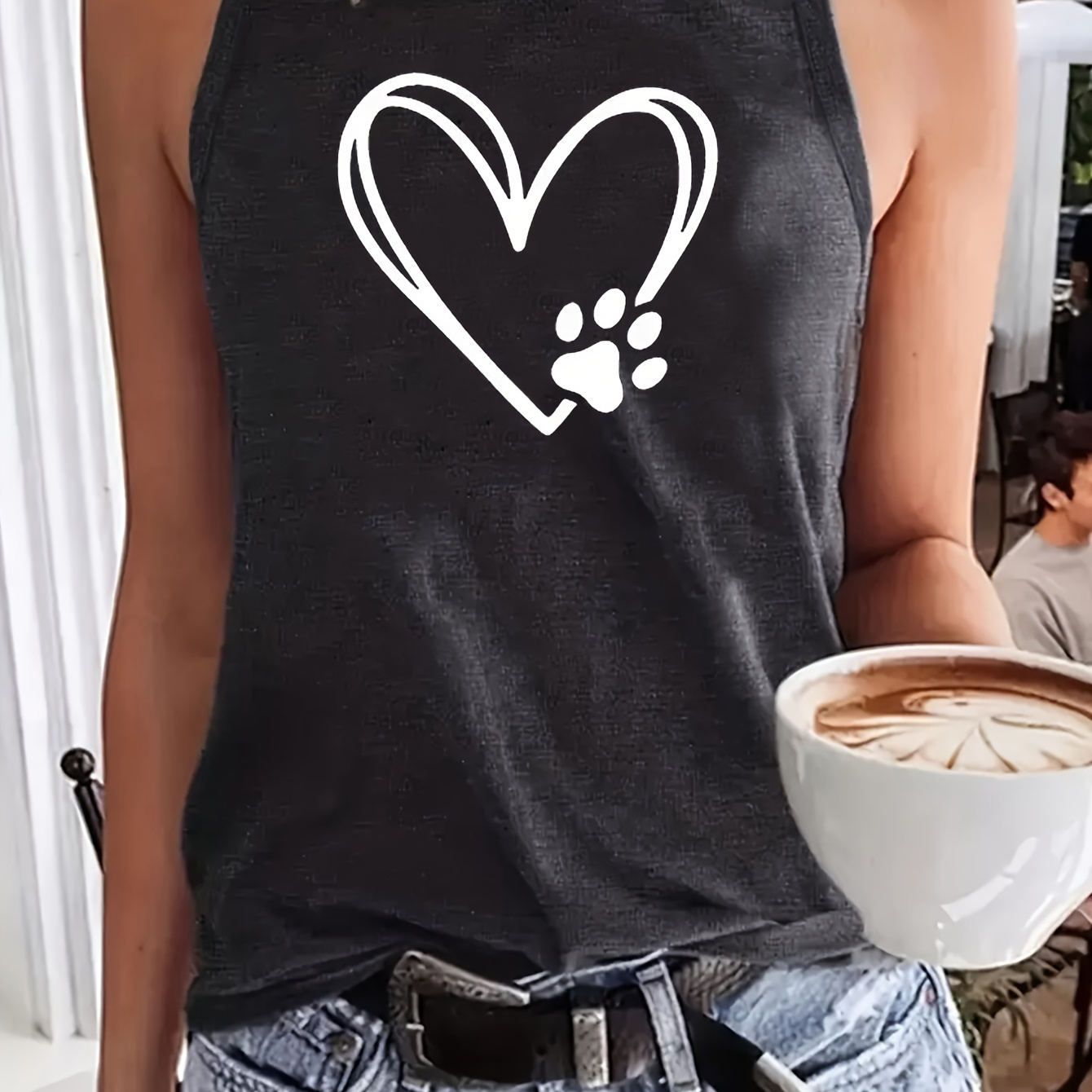 

Heart & Paw Print Tank Top, Casual Crew Neck Vest For Summer, Women's Clothing