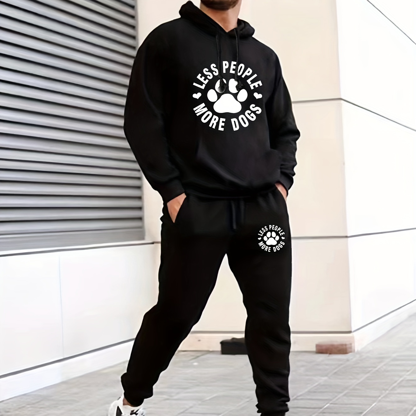 

Cute Dog Paw Print, Men's 2pcs Outfits, Casual Hoodies Long Sleeve Pullover Hooded Sweatshirt And Sweatpants Joggers Set For Spring Fall, Men's Clothing