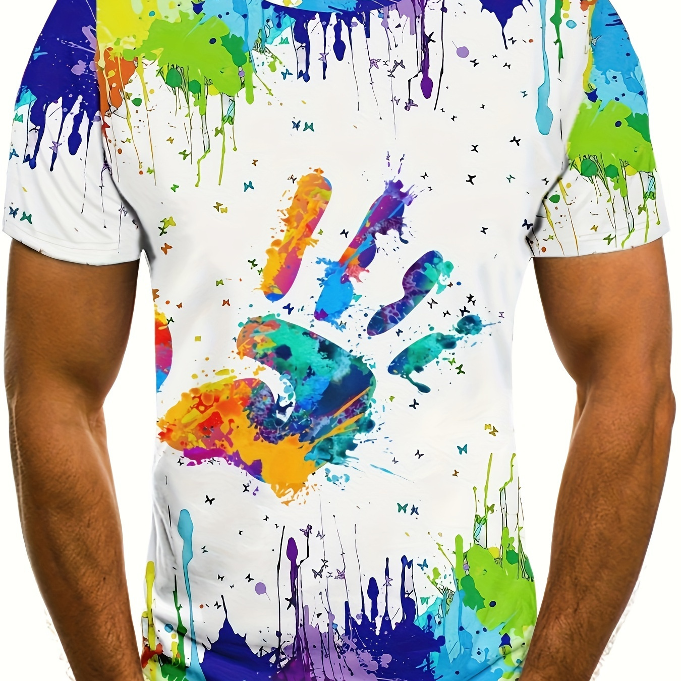 

3d Tie Dye Hand Print Men's Fashion Short Sleeve Crew Neck T-shirt, Summer Outdoor