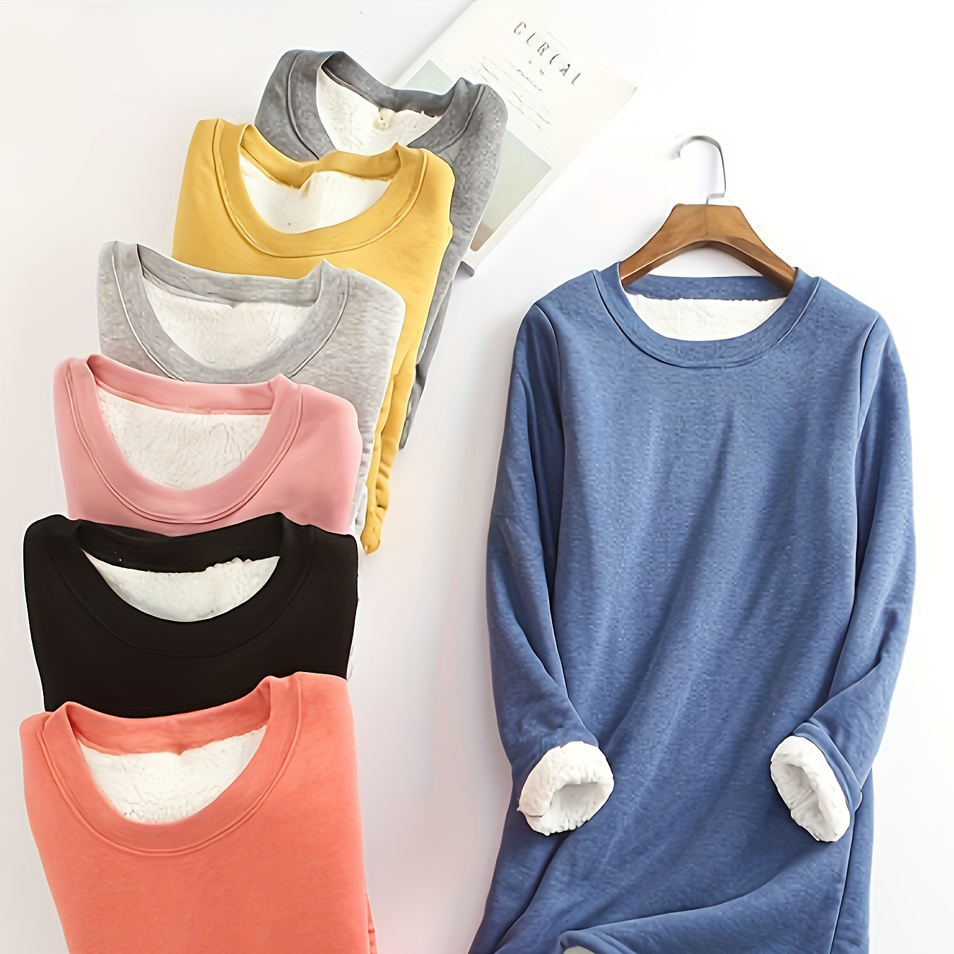 

Women's Cozy Fleece-lined Long Sleeve Top - Mid-length Warm Shirt In Solid Colors, Stretchy Polyester Blend, Machine Washable