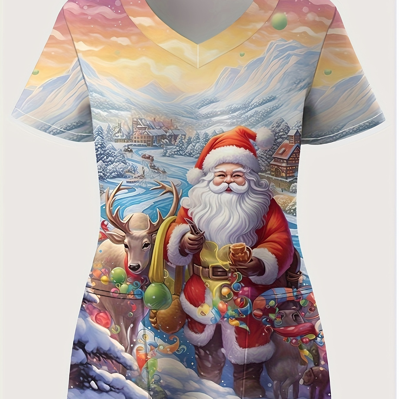 

Women's Plus Size Santa Print V-neck Satin Top, Elegant Short Sleeve Scrub Shirt, Polyester Knit Fabric With Random Print, Summer Fashion, Pocket Detail,