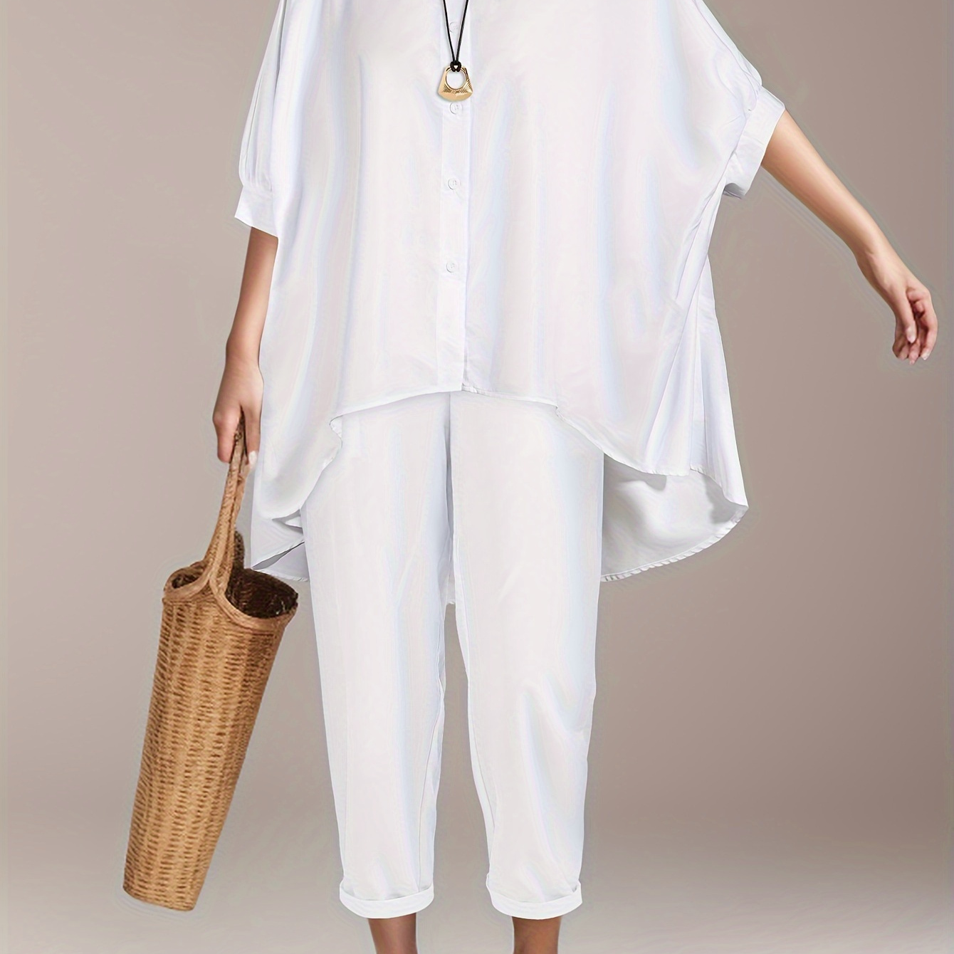 

Elegant Women'-piece Set: Chic Solid Color Shirt & Harem Pants - Breathable Polyester, Machine Washable