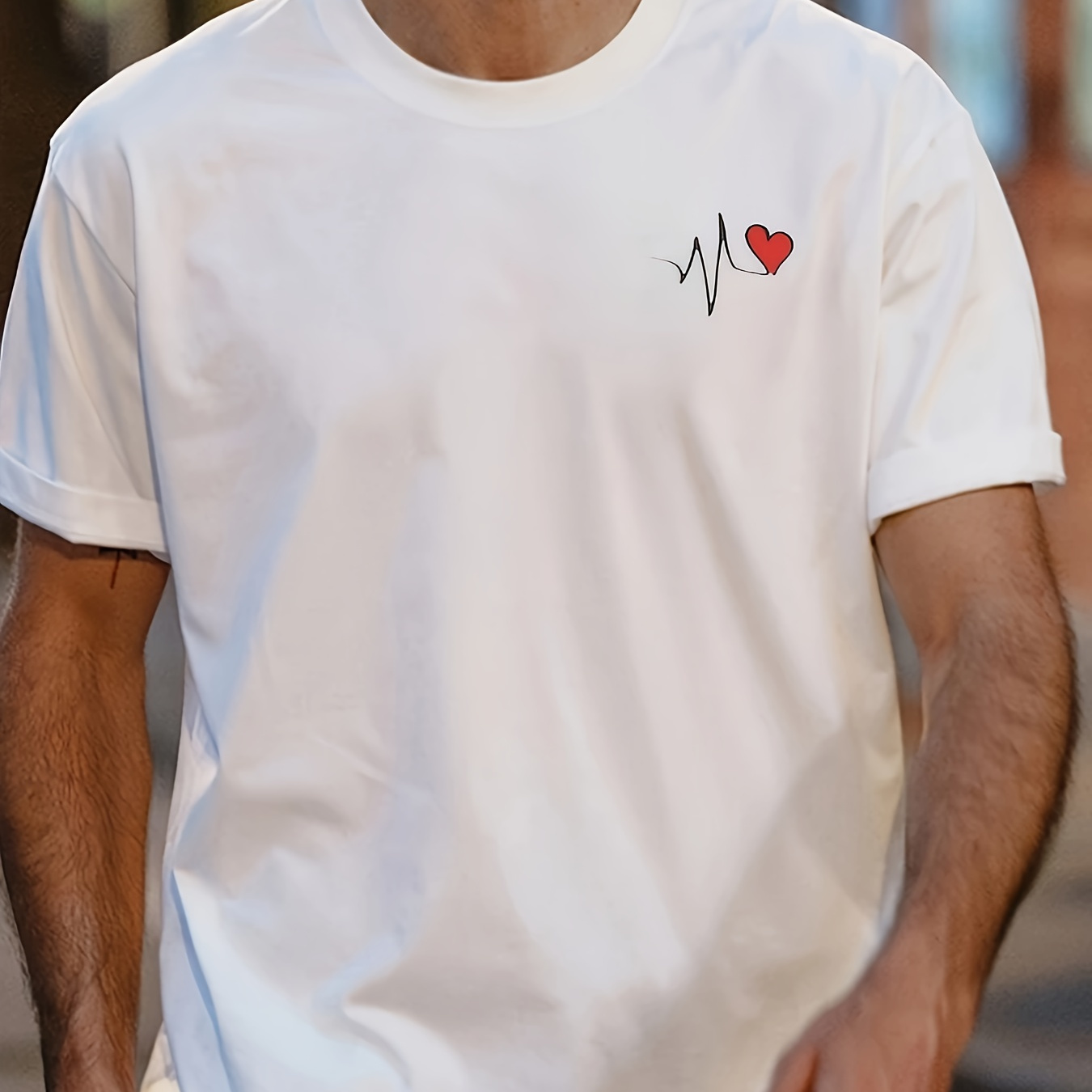 

Heart Pattern Crew Neck And Short Sleeve Comfy T-shirt, Casual And Chic Tees For Men, Summer Tops For Daily Outerwear
