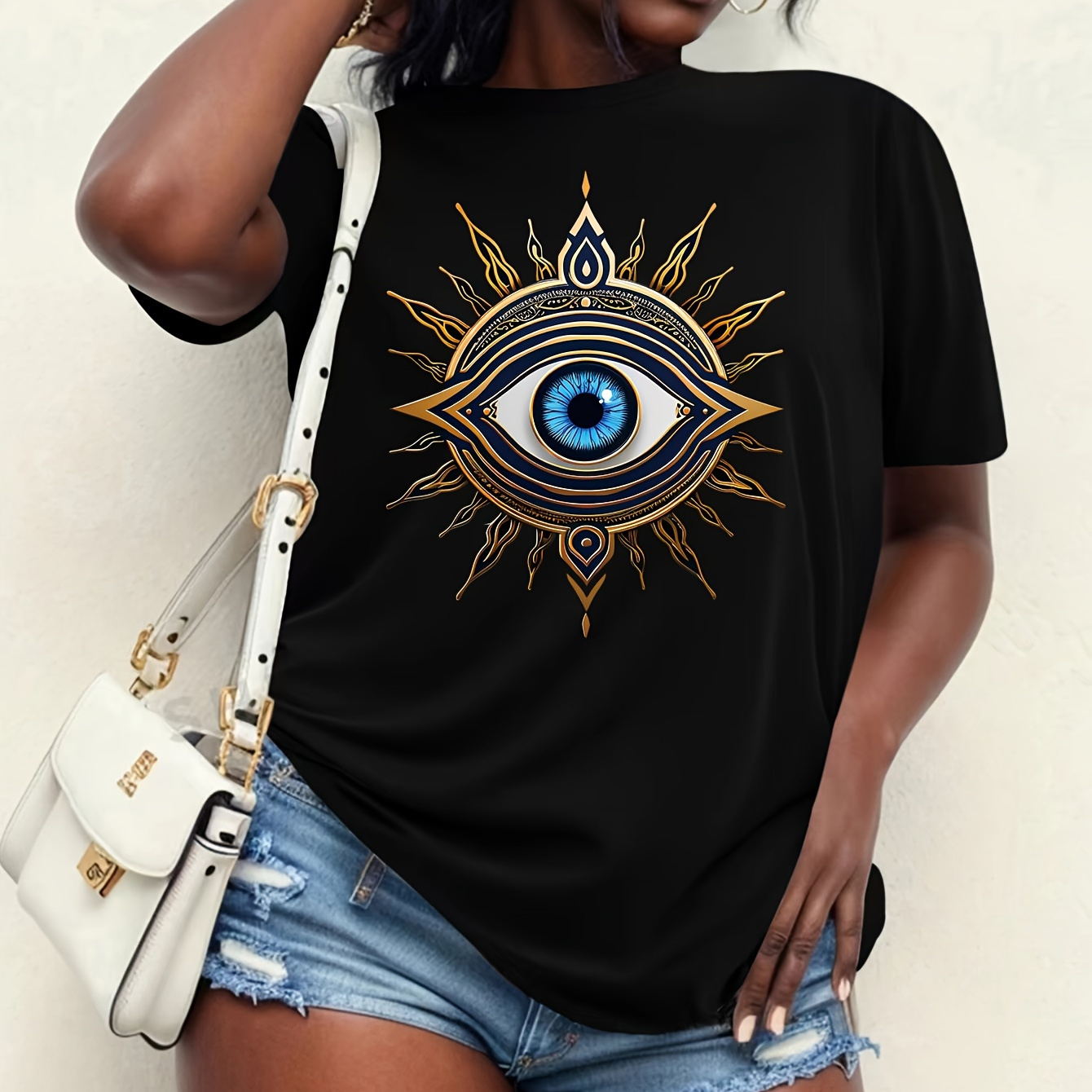 

Plus Size Eye Print Crew Neck T-shirt, Casual Short Sleeve T-shirt For Spring & Summer, Women's Plus Size Clothing