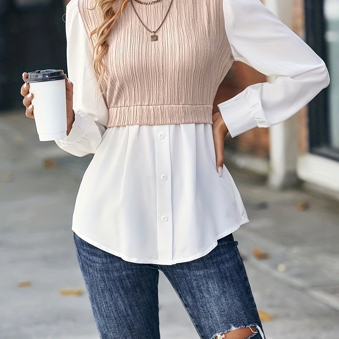

Color Block Stitching Blouse, Elegant Crew Neck Long Sleeve Blouse, Women's Clothing