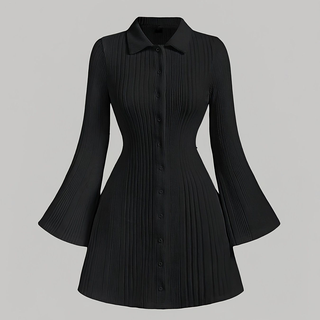 

[customer ] Elegant Ribbed Knit Dress For Women - Solid Color, Bell Sleeves, Mock Neck, Fall/winter