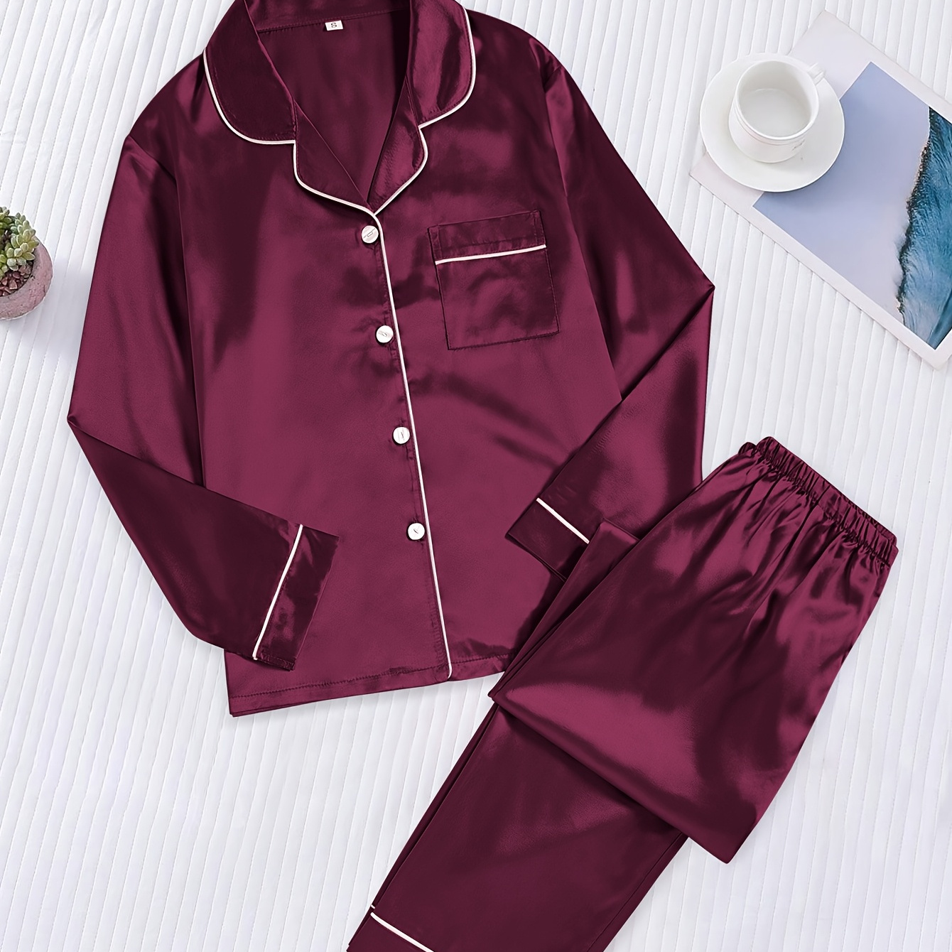 

Women's Elegant Satin Pajama Set, Long Sleeve Shirt With Lapel Collar And Pockets, Solid Color Polyester 97% Elastane 3% , , 90gsm Woven Fabric