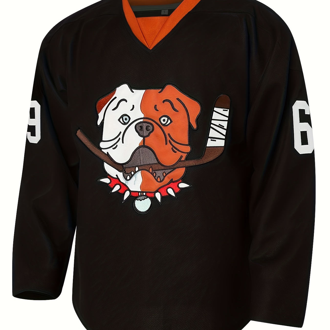 Men's #69 Dog Pattern Ice Hockey Jersey, Classic Embroidered Retro Breathable V-neck Long Sleeves, Suitable For Game Training