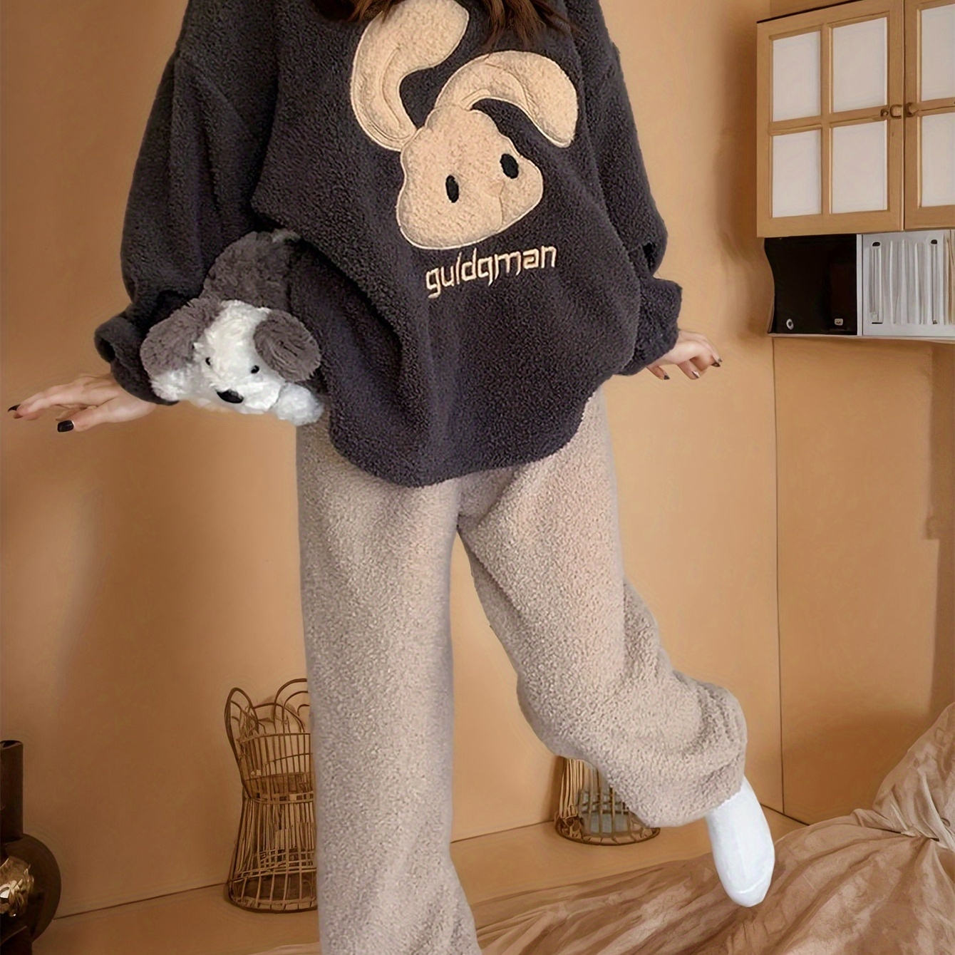 

Women's & Pattern Fleece Set, Long Sleeve Round Top & Pants, Relaxed Fall &