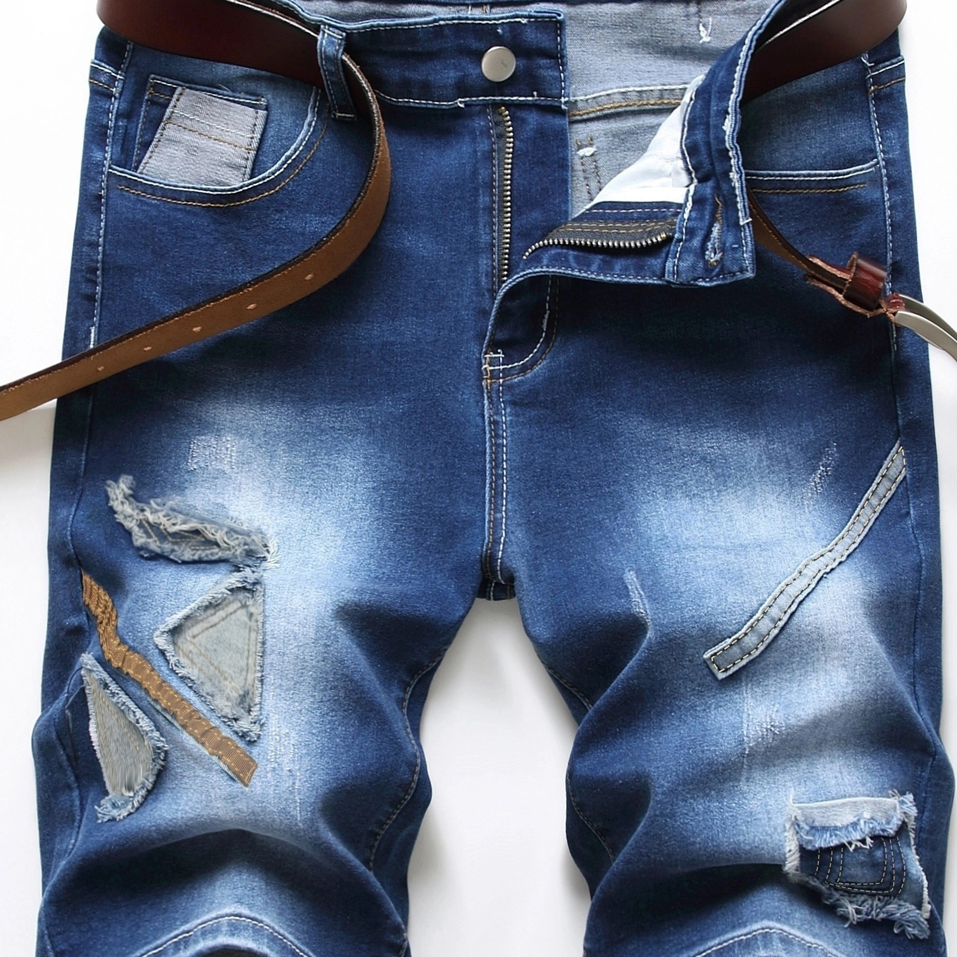 Patchwork Ripped Denim Shorts, Men's Casual Street Style Mid Stretch Cotton Blend Distressed Denim Shorts For Summer