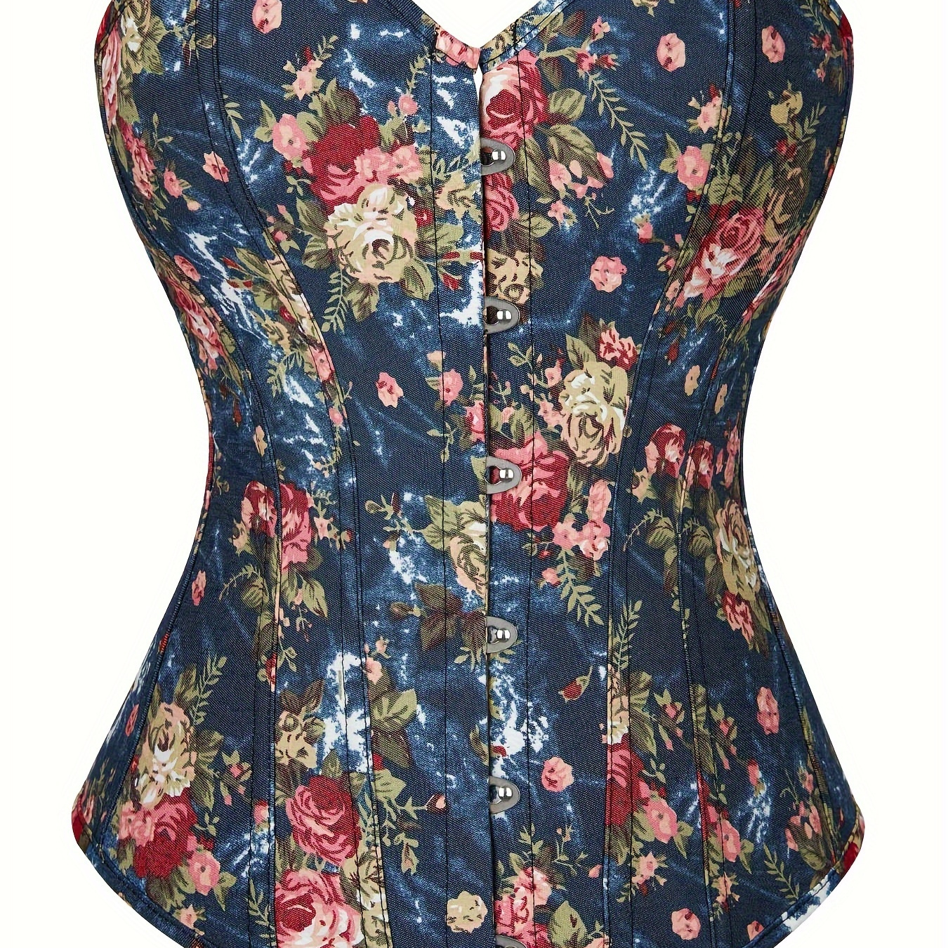 

Elegant Denim Corset With Rose Print - Tummy Control Waist , Backless Design, No-pad Shapewear For Women