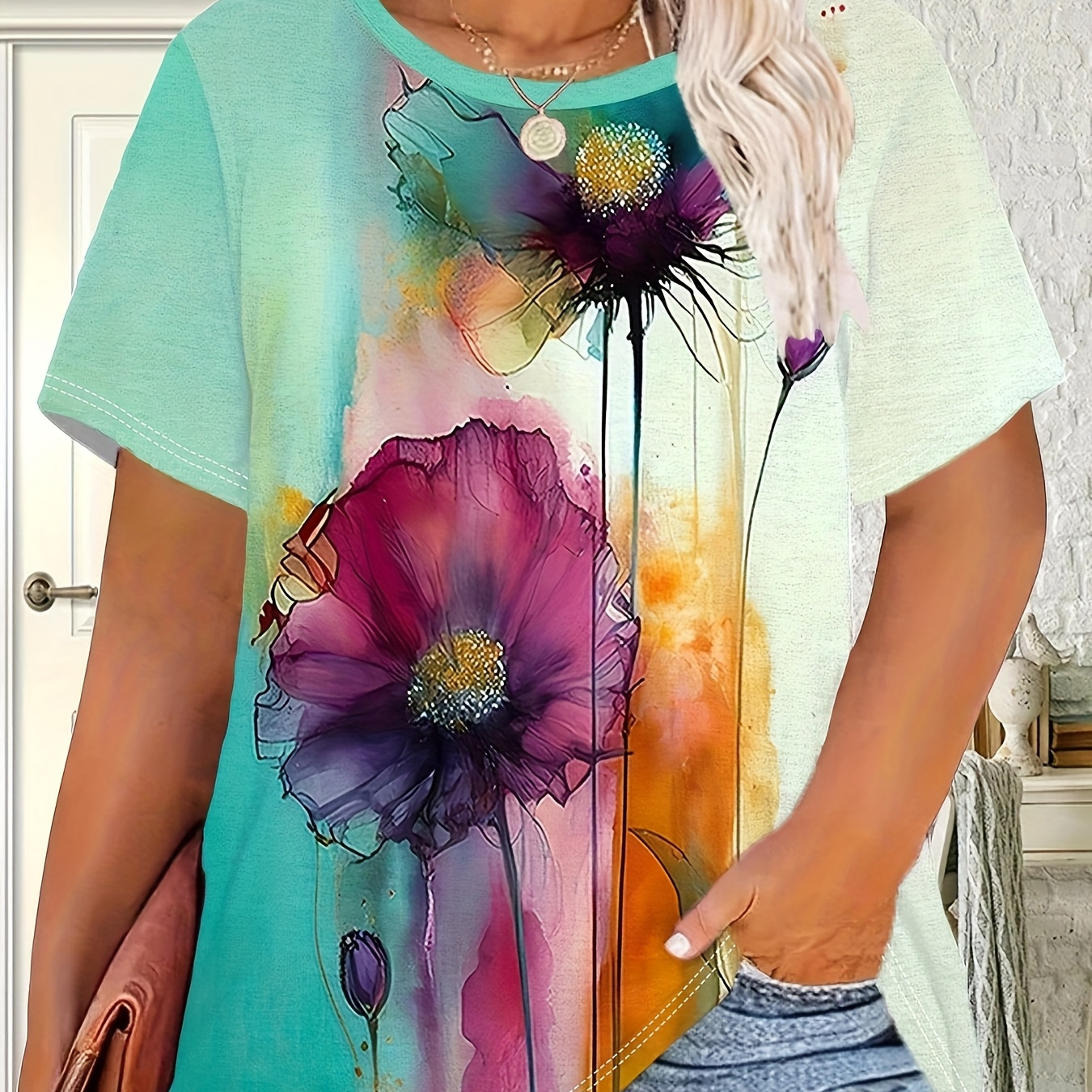 

1 T-shirt imprimé floral grande taille pour femmes, haut décontracté à manches courtes et col rond, tissu tricoté d'été avec légère extensibilité, polyester 95% élasthanne 5%, motif floral à