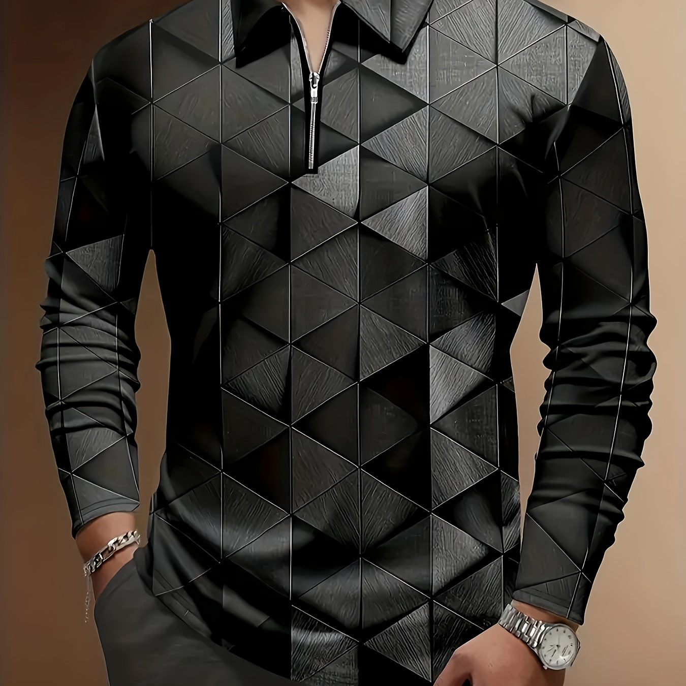 

[ ] Men's 3d Geometric Skull V-neck Long Sleeve Button Shirt, 100% Polyester Knit Fabric, Fashion Streetwear