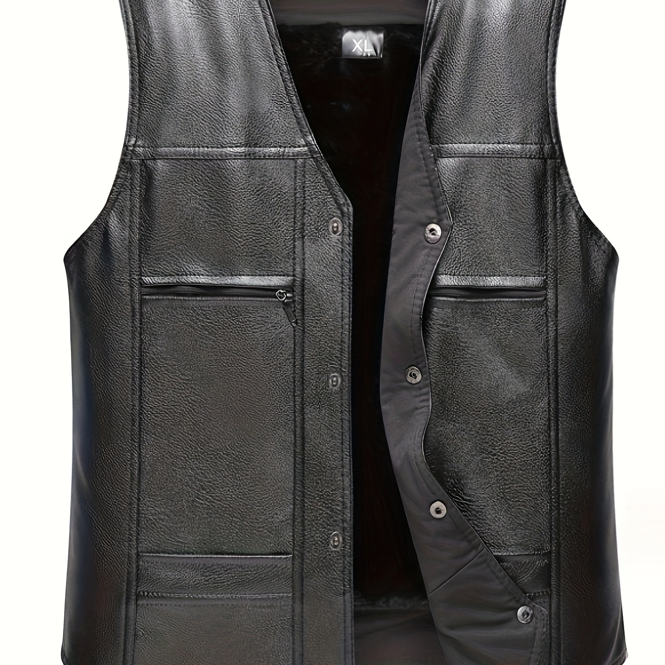 

1pc Men's Casual Fleece-lined Leather Vest - Solid Color Polyester Sleeveless Waistcoat With Pockets, V-neck, Non-stretch Fabric, Regular Length For Fall/winter,