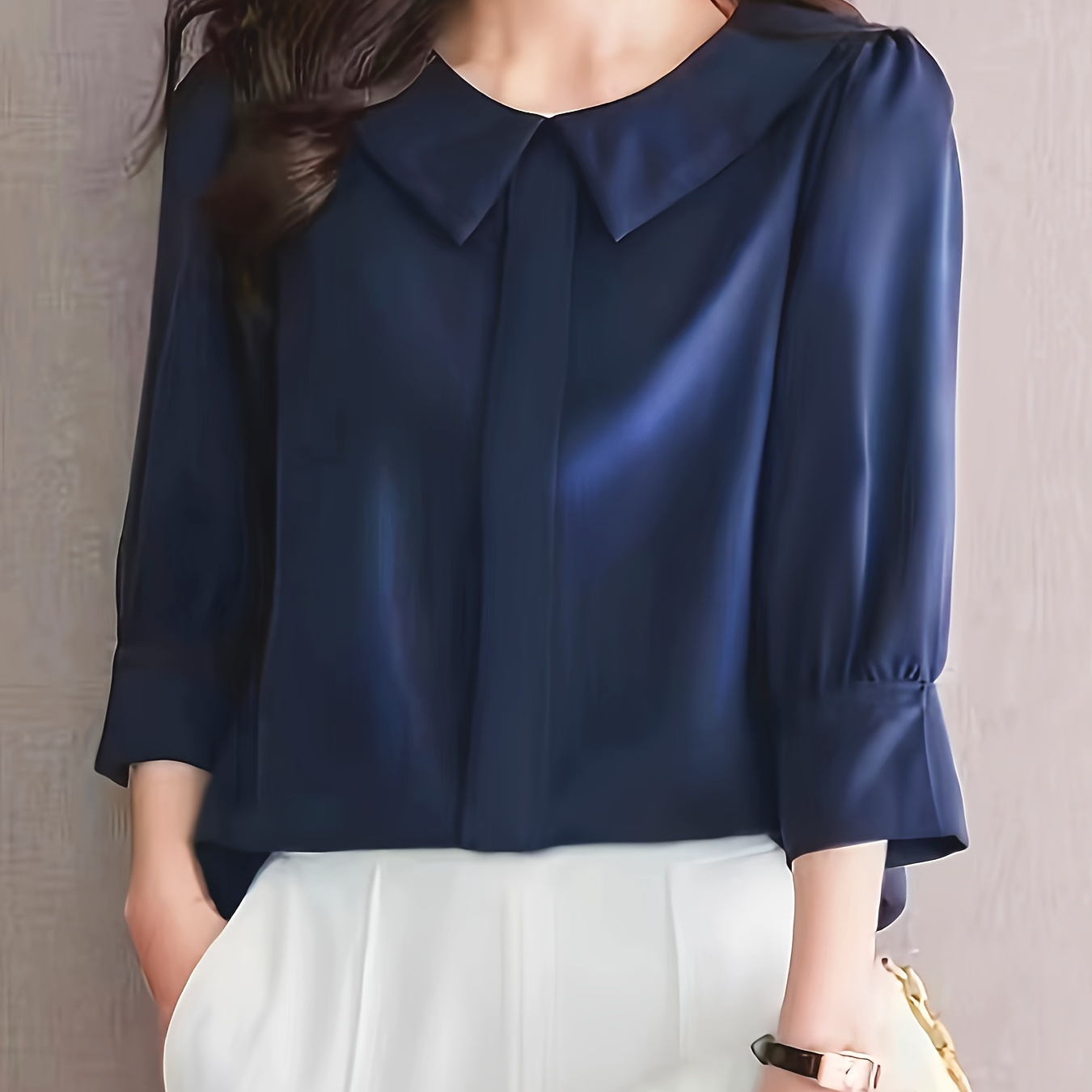 

Solid Pan Collar Blouse, Elegant 3/4 Sleeve Blouse For Spring & Fall, Women's Clothing