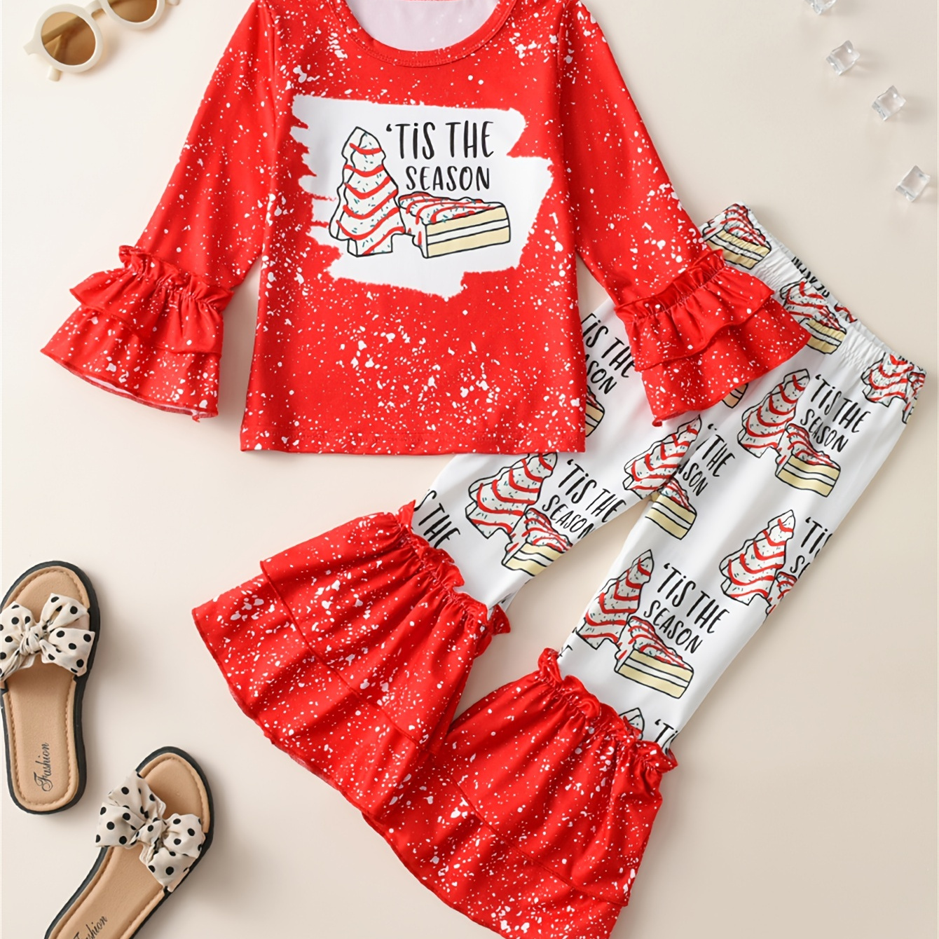 

Girl's Christmas Style Outfit 2pcs, Tis The Season Print Trumpet Sleeve Top & Flared Pants Set, Toddler Kid's Clothes For Spring Fall