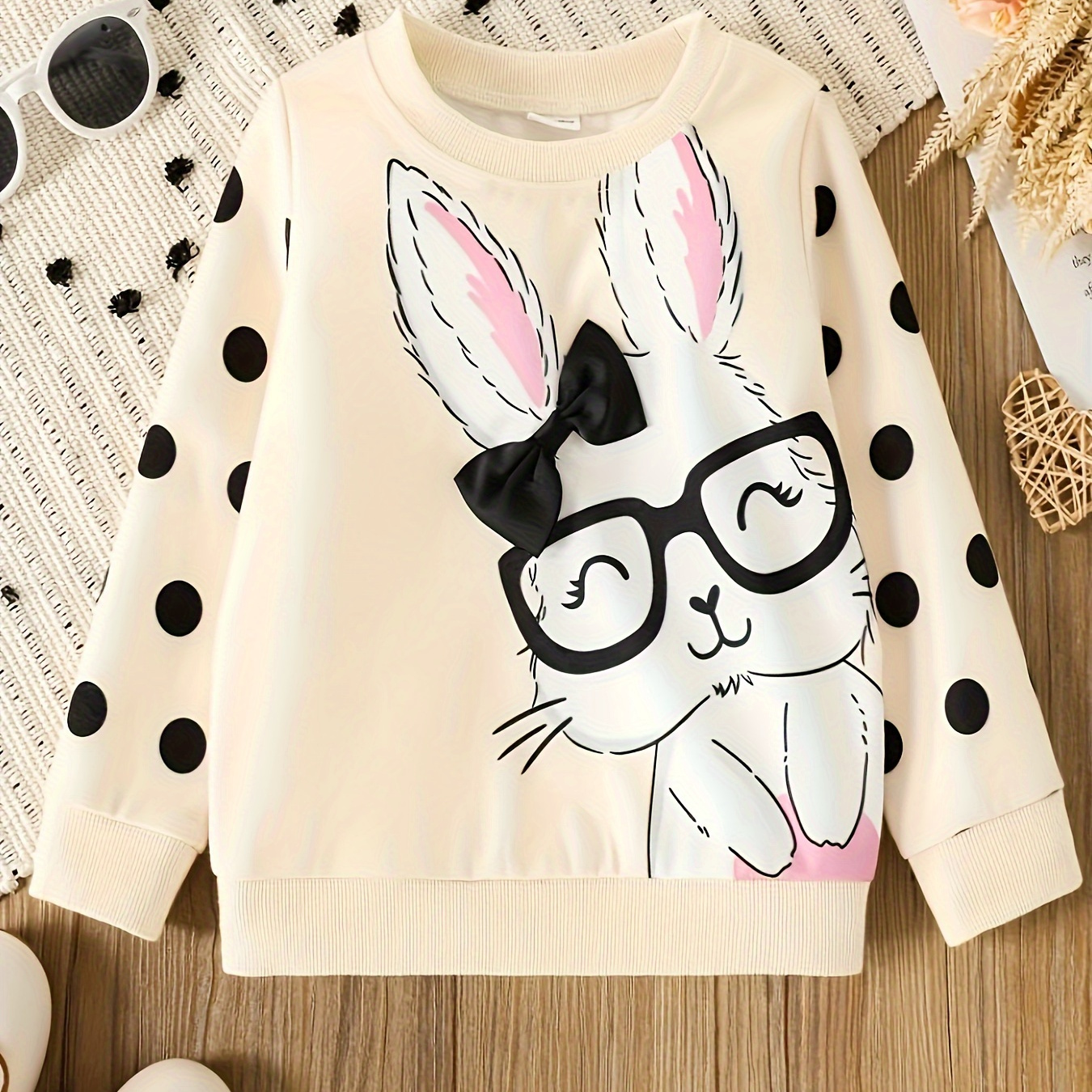 

Toddler Girls Rabbit Polka Dot Print Long Sleeve Pullover Sweatshirt Kids Clothes