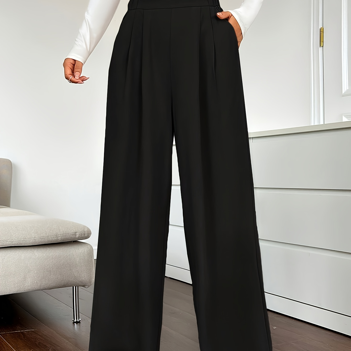

Solid Color Wide Leg Pants, Casual High Waist Pockets Tucked Loose Pants For Spring & Summer, Women's Clothing