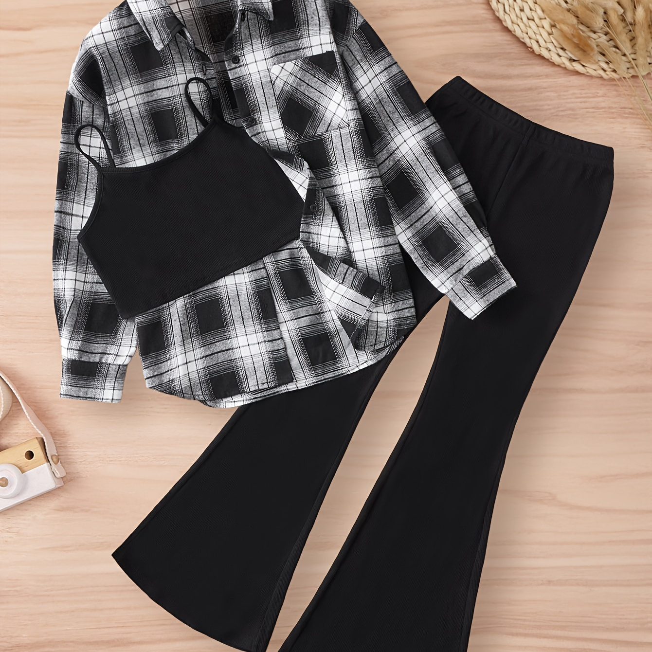 

Girls 3pcs Versatile Trendy Plaid Long Sleeve Shirt + Cami Top + Flare Pants Set Outdoor Gift