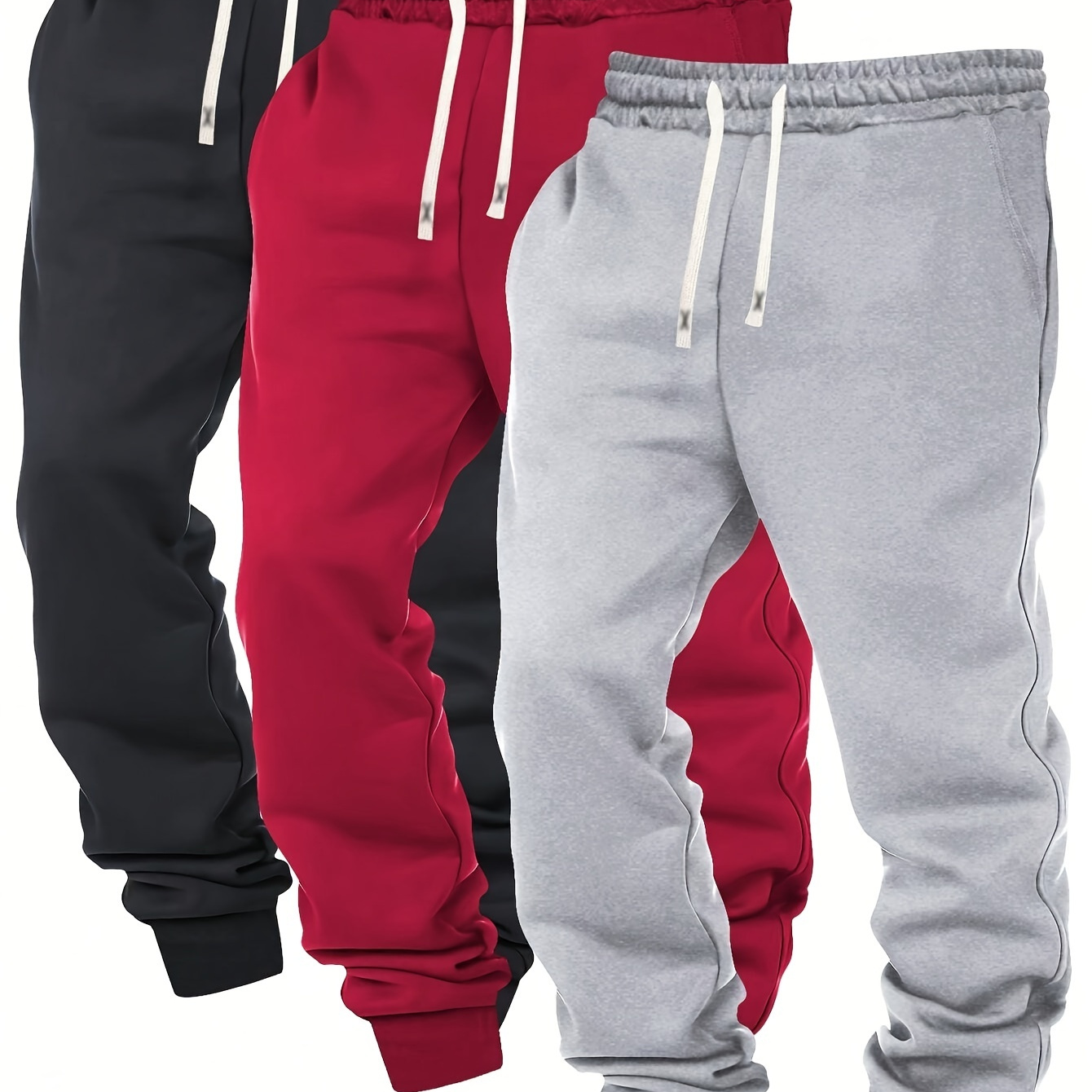 

3pcs Men's Casual Joggers - Solid Color, Drawstring Waist With Pockets, Spring/fall Outdoor Activities, Long Pants, Fashion