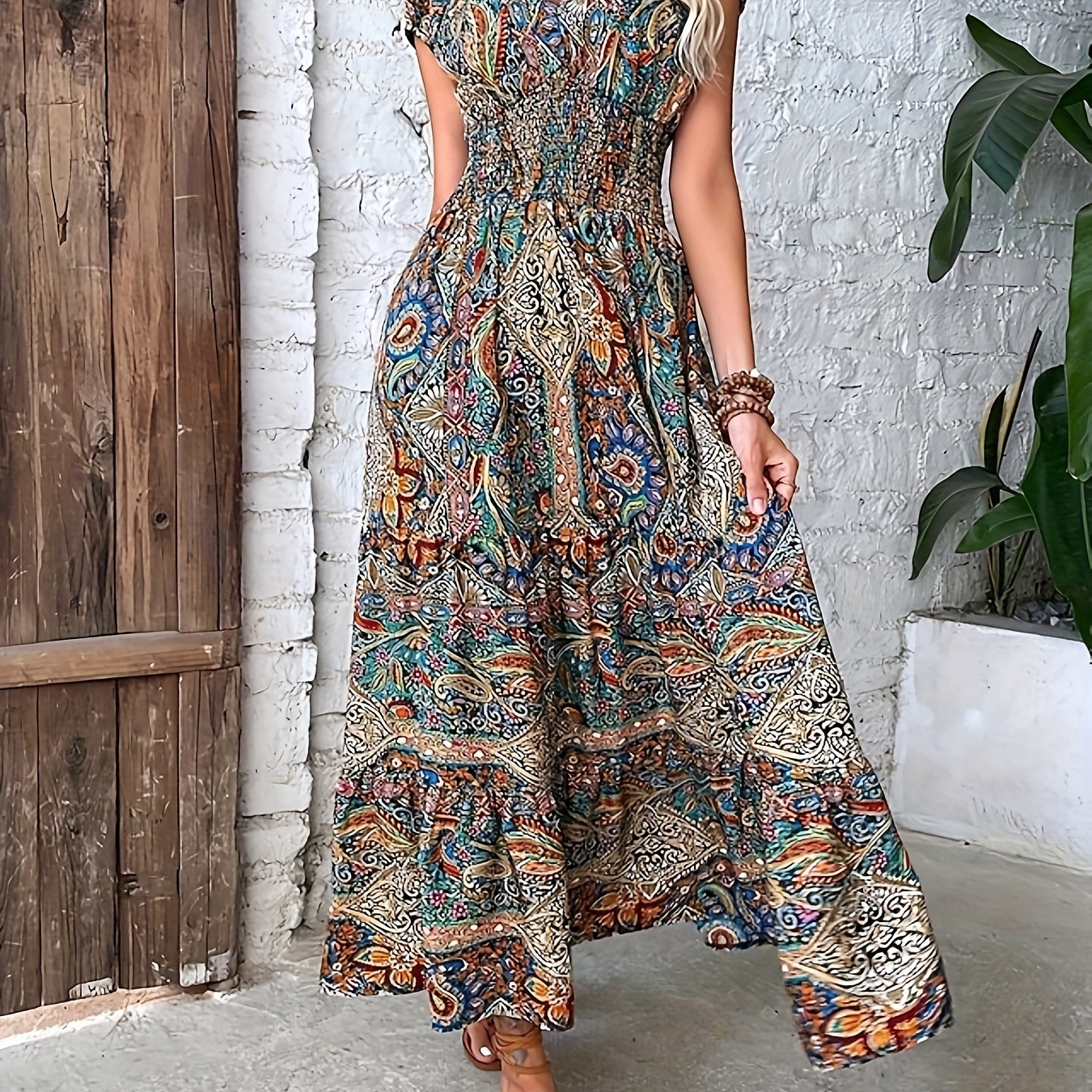 

Paisley Print Shirred V Neck Dress, Vacation Style Cap Sleeve Dress For Spring & Summer, Women's Clothing