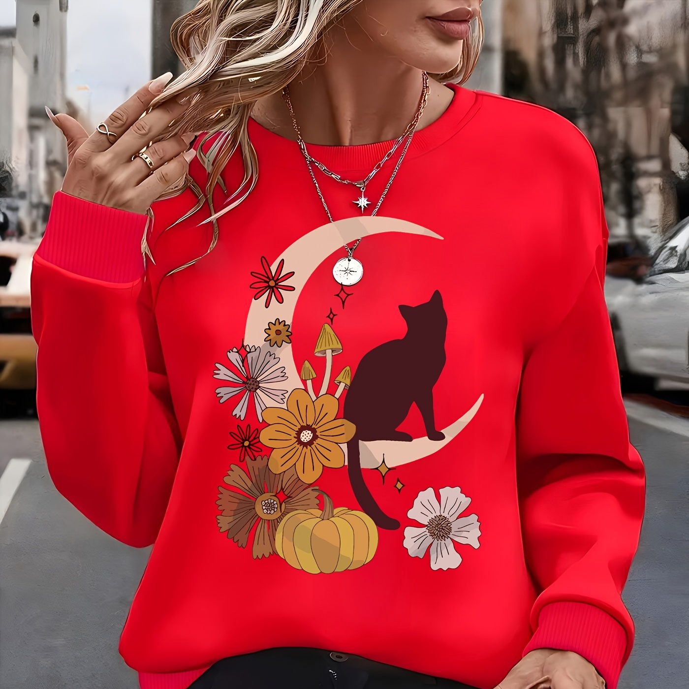

Sweat Doublé en Élégant pour Femme avec Motif Floral Chat & - Manches Longues, Col Rond, Lavable en Machine