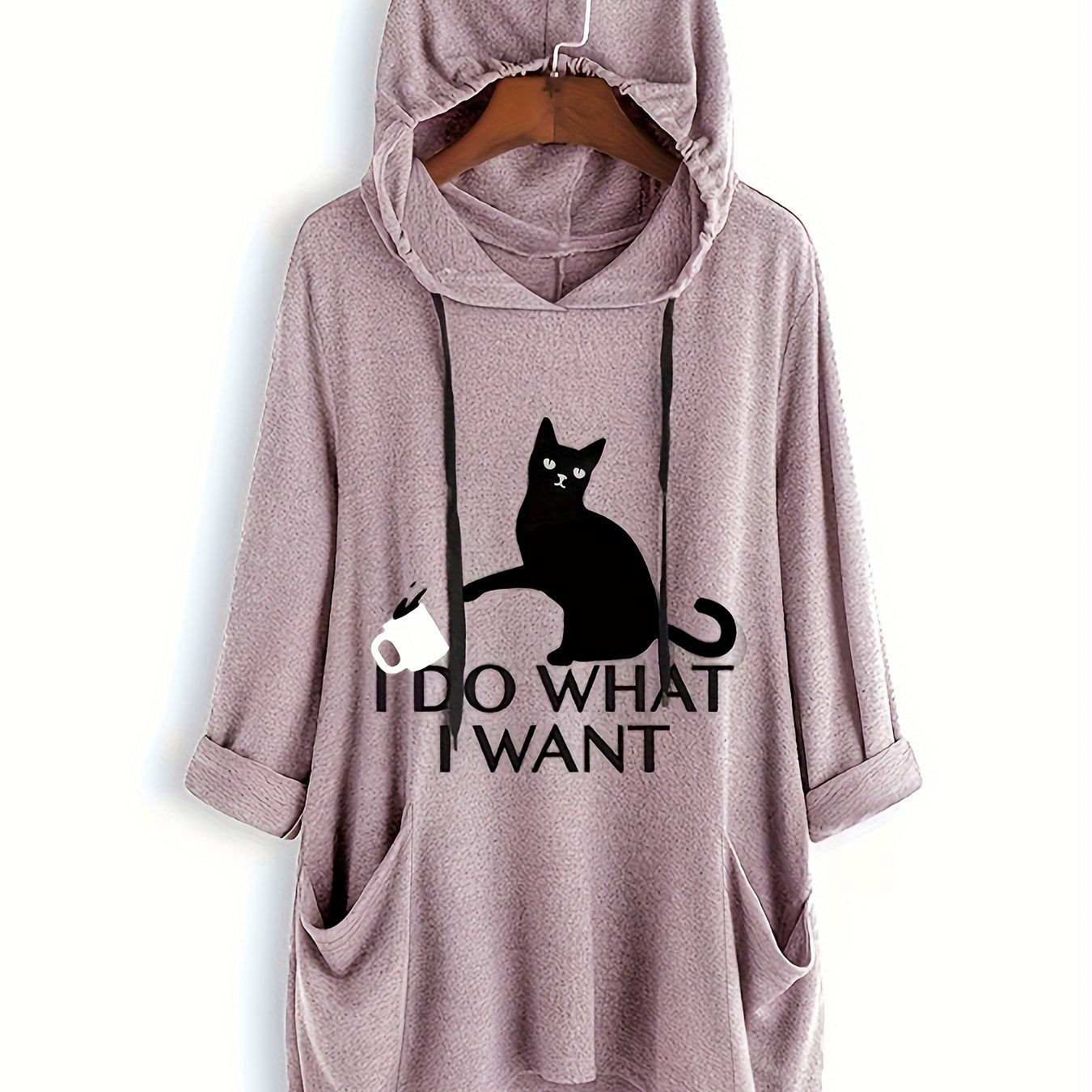 

I Do What I Want Slogan Cat Pattern Drawstring Hoodies, Casual Long Sleeve Kangaroo Pocket Sweatshirt, Women's Clothing