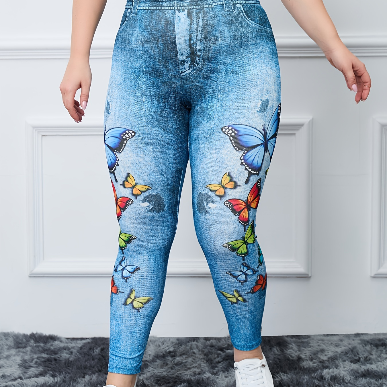 HugeStore Women's Butterfly Faux Denim Jeans Leggings Jeggings