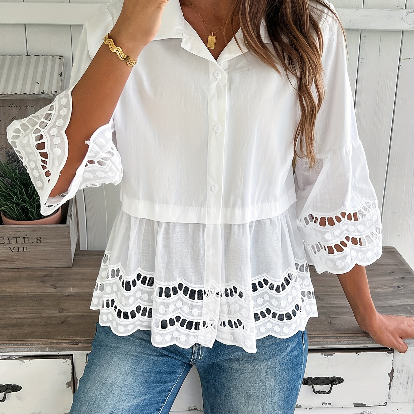 

Eyelet Embroidered Button Front Blouse, Casual -quarter Sleeve Blouse For , Women's Clothing