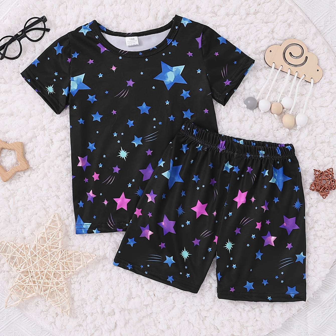 

Toddler Girls 2-piece Pajama Set Crew Neck Short Sleeve Allover Stars Print Top+matching Short Pants Comfy Casual Loungewear