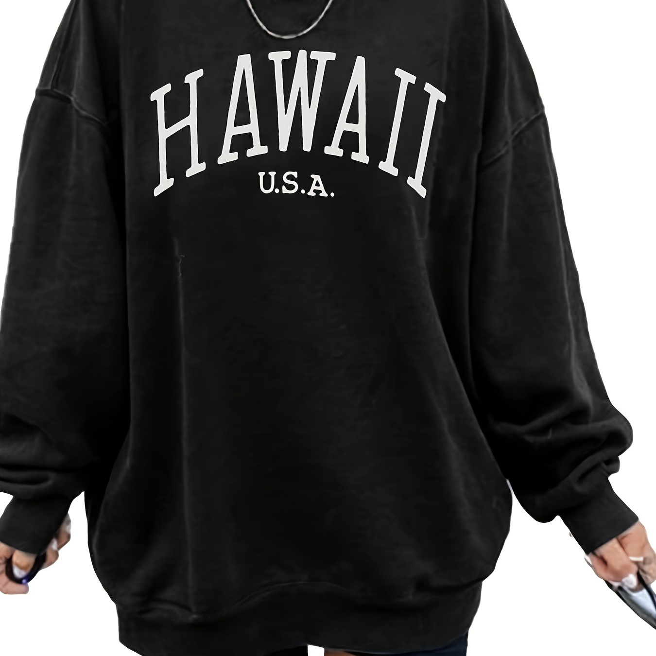 

Hawaii Neck Sweatshirt, Casual Long Sleeve Drop Shoulder Loose Sweatshirt, Women's Clothing