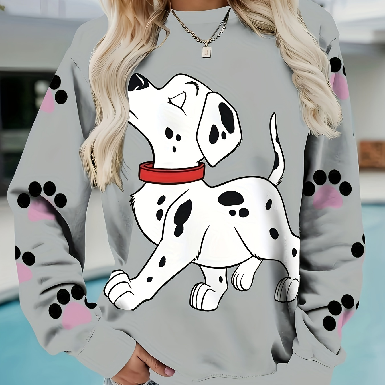 

Women's Plus-size Dalmatian Dog Paw Print Sweatshirt With Hood, Casual Knit Fabric Pullover, Polyester, Round Neck, Fall/