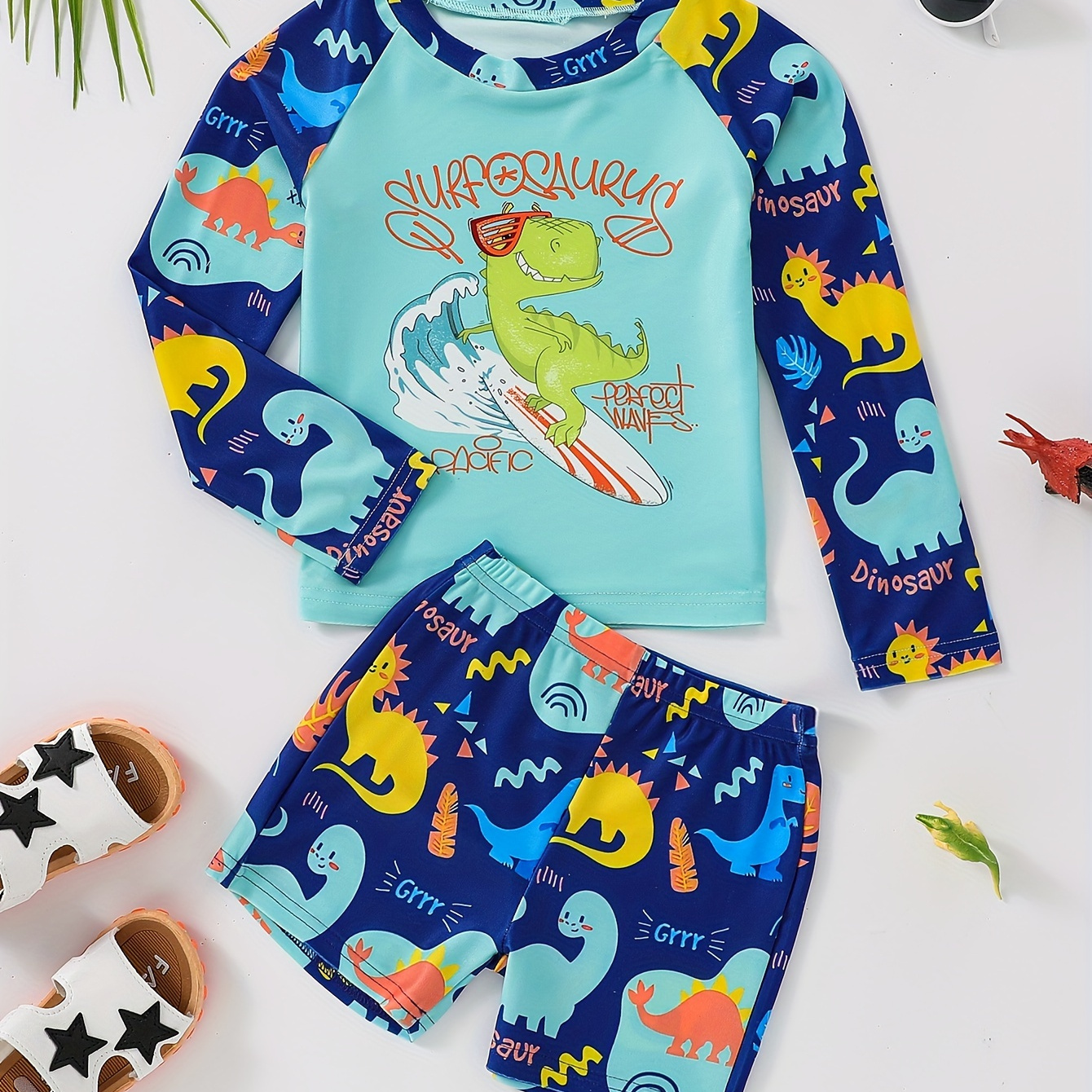 

2pcs Cute Dinosaur Surfing Pattern Swimsuit For Boys, T-shirt & Swim Trunks Set, Stretchy Surfing Suit, Boys Swimwear For Summer Beach Vacation