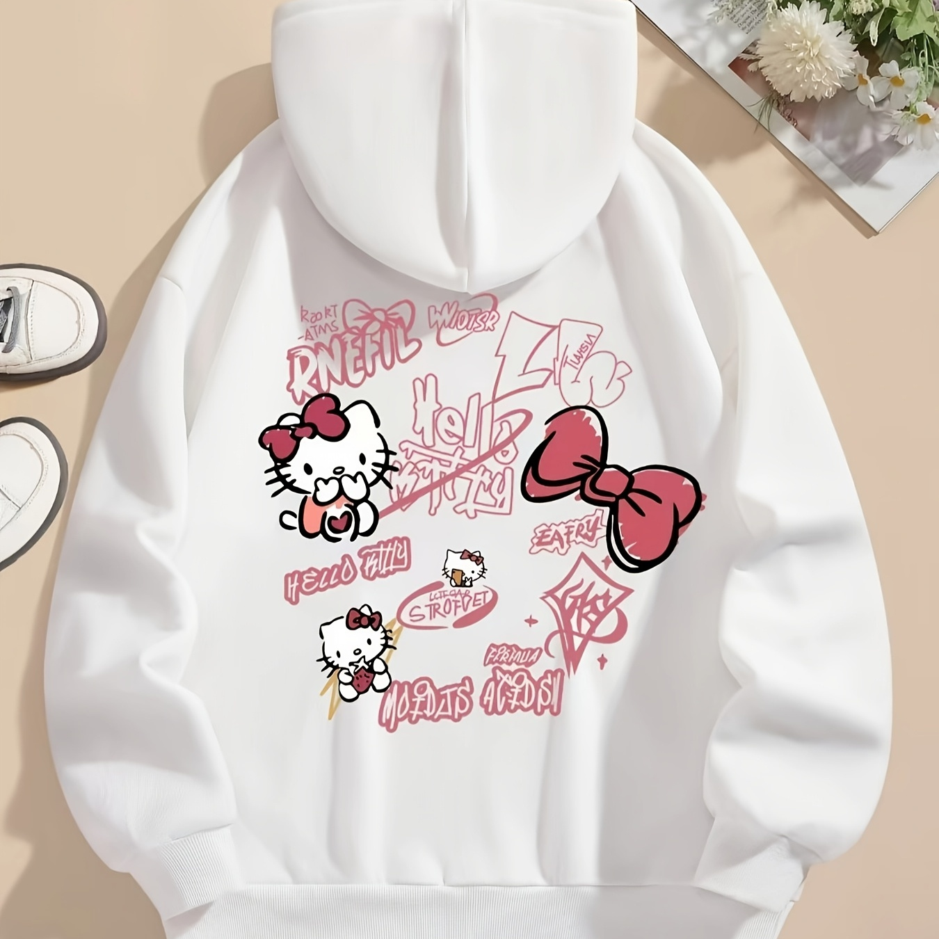 

Sanrio Hello Kitty Hoodie For Women - Casual White Polyester Sweatshirt With Drawstring, Machine Washable, All