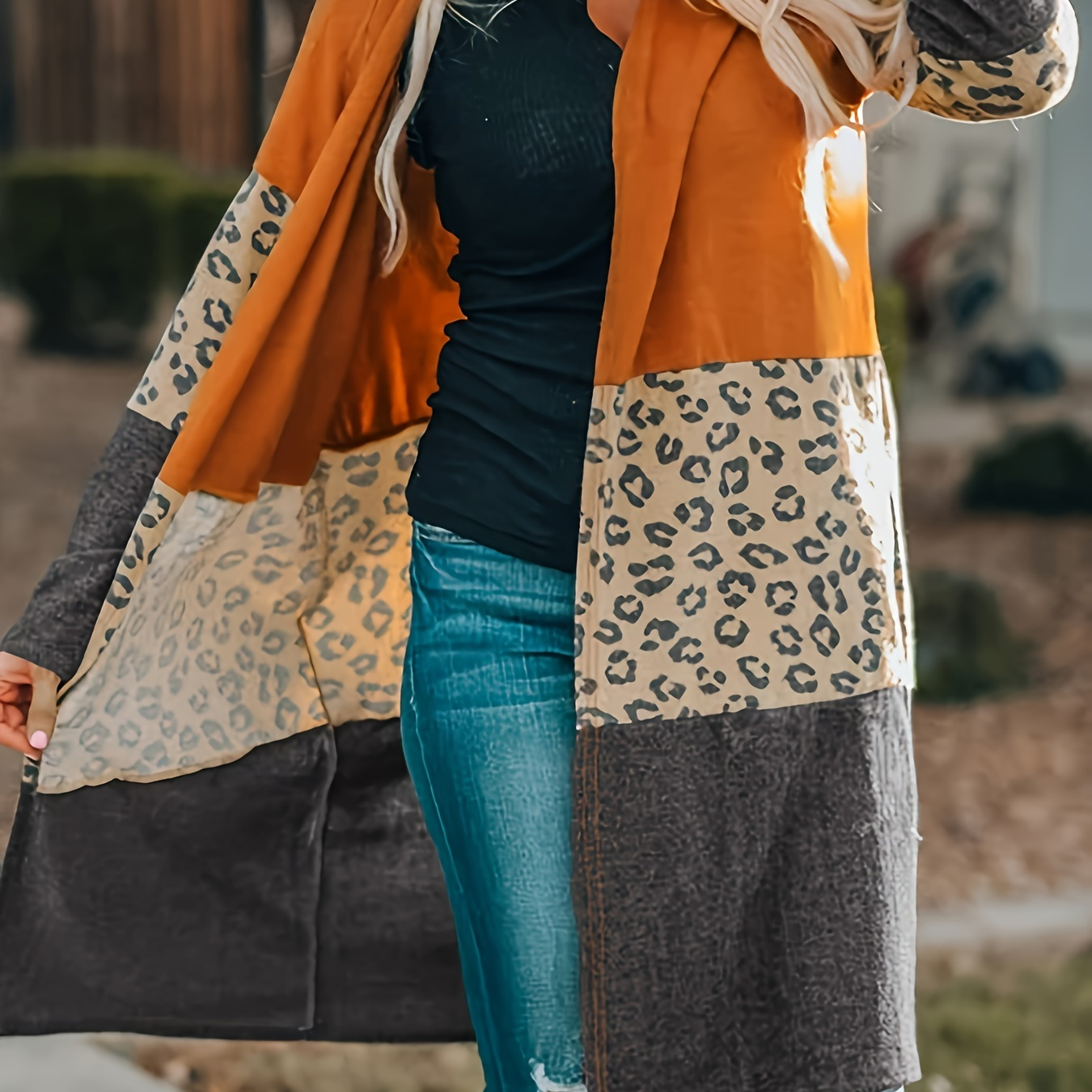 Plus Size Casual Cardigan, Women's Plus Colorblock Leopard Print Long Sleeve Open Front Long Cardigan