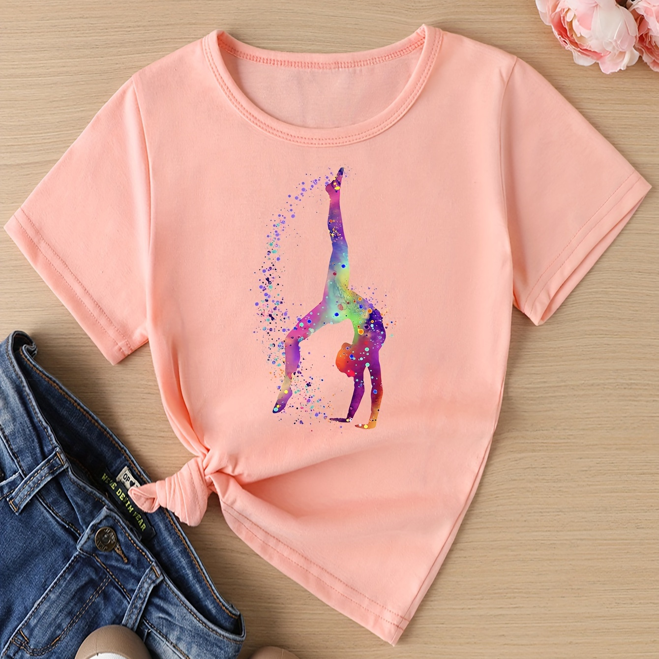 

Gymnastics Print, Girls Graphic Short Sleeve T-shirt, Casual Comfy Loose Tees For Summer