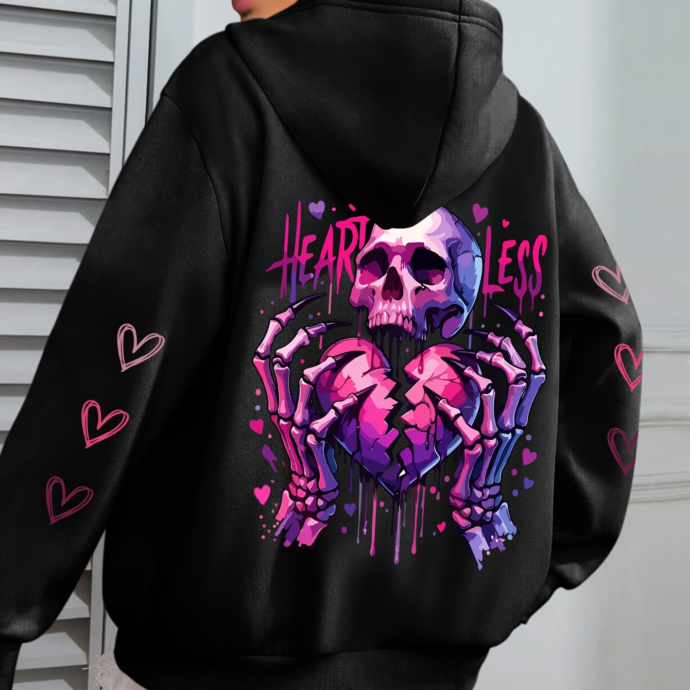 

Plus Size Heart & Love Print Hoodie, Casual Long Sleeve Pullover Hooded Sweatshirt With Pocket, Polyester 100% Stretch Fabric, Fall/winter Season, Women's Plus Size Clothing