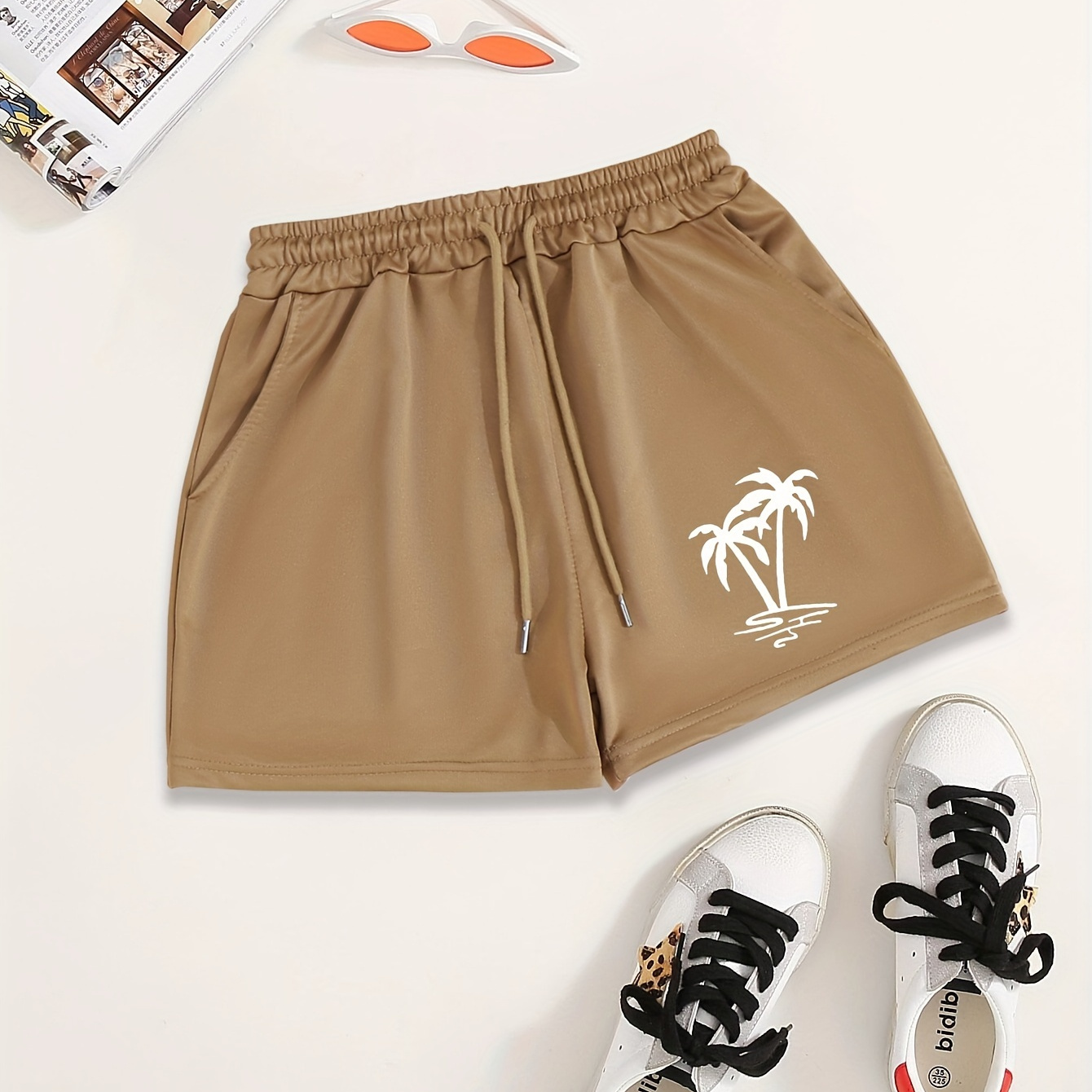 

Coconut Tree Print Drawstring Shorts, Casual Dual Pocket Sporty Shorts, Women's Clothing