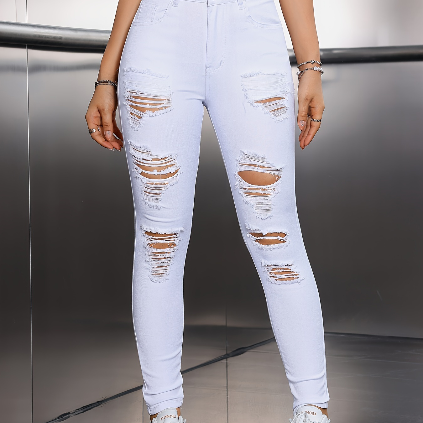 

Women's Fashion Ripped Jeans, Street Style, Skinny Fit, High Waist, Stretchy Plain Denim, Casual Distressed White Pants - Perfect For Fall & Winter