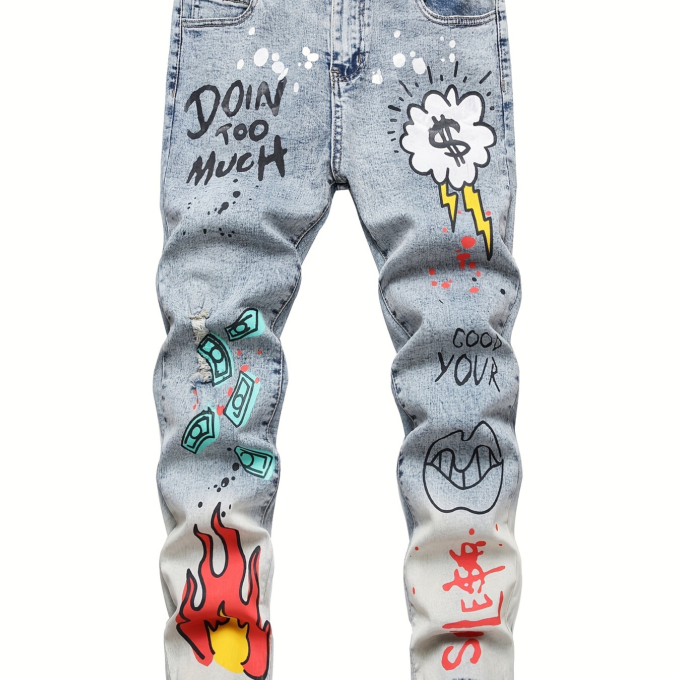 Boys Denim Trousers Slim Fit Ripped Swing Paint Graffiti Street