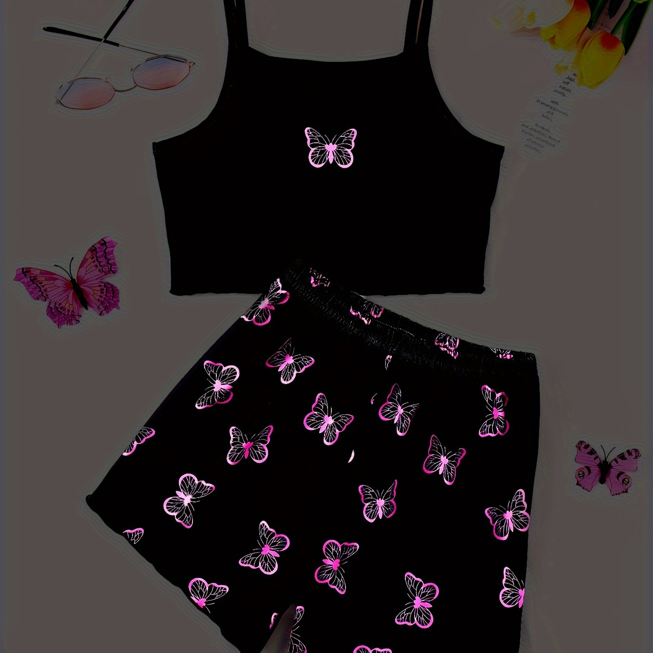 

2 Pcs Girls Cute Pajama Sets, Night Luminous Pink Butterfly Print Short Vests & Shorts, Comfortable & Cute Style Princess Pajamas For Girls Cozy Loungewear