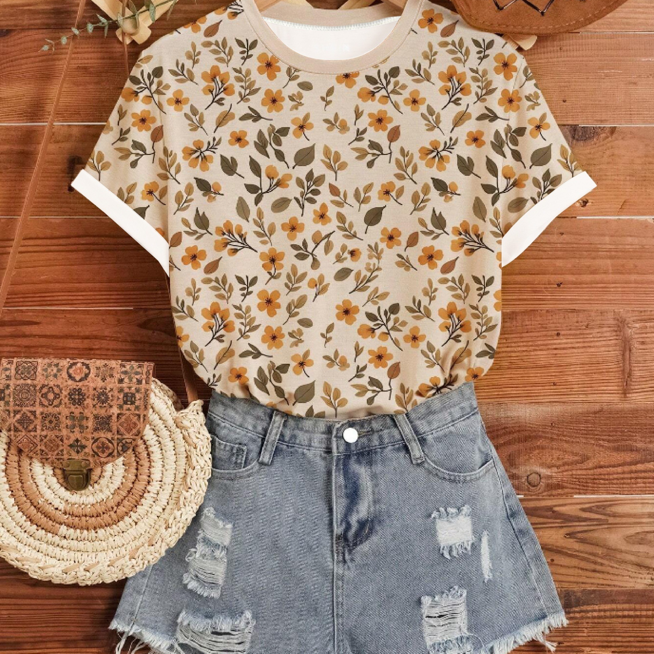 

Chic Floral T-shirt For Women - Casual Polyester, Crew Neck, Short Sleeve With Rustic & Bohemian Vibes - Machine Washable, All