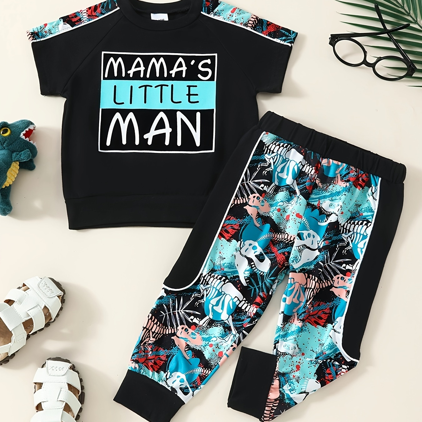 

2pcs Toddler's "mama's Little Man" Print Cotton Set, T-shirt & Casual Pants, Baby Boy's Clothing